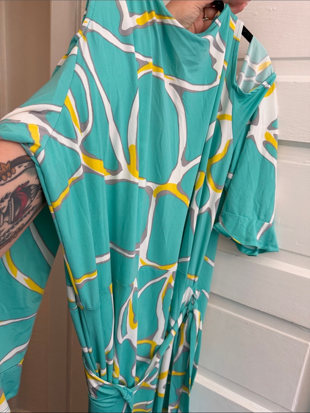 Ashley Stewart Cold-Shoulder Teal Print Wrap Maxi Dress Size 26/28 - Picture 6 of 6